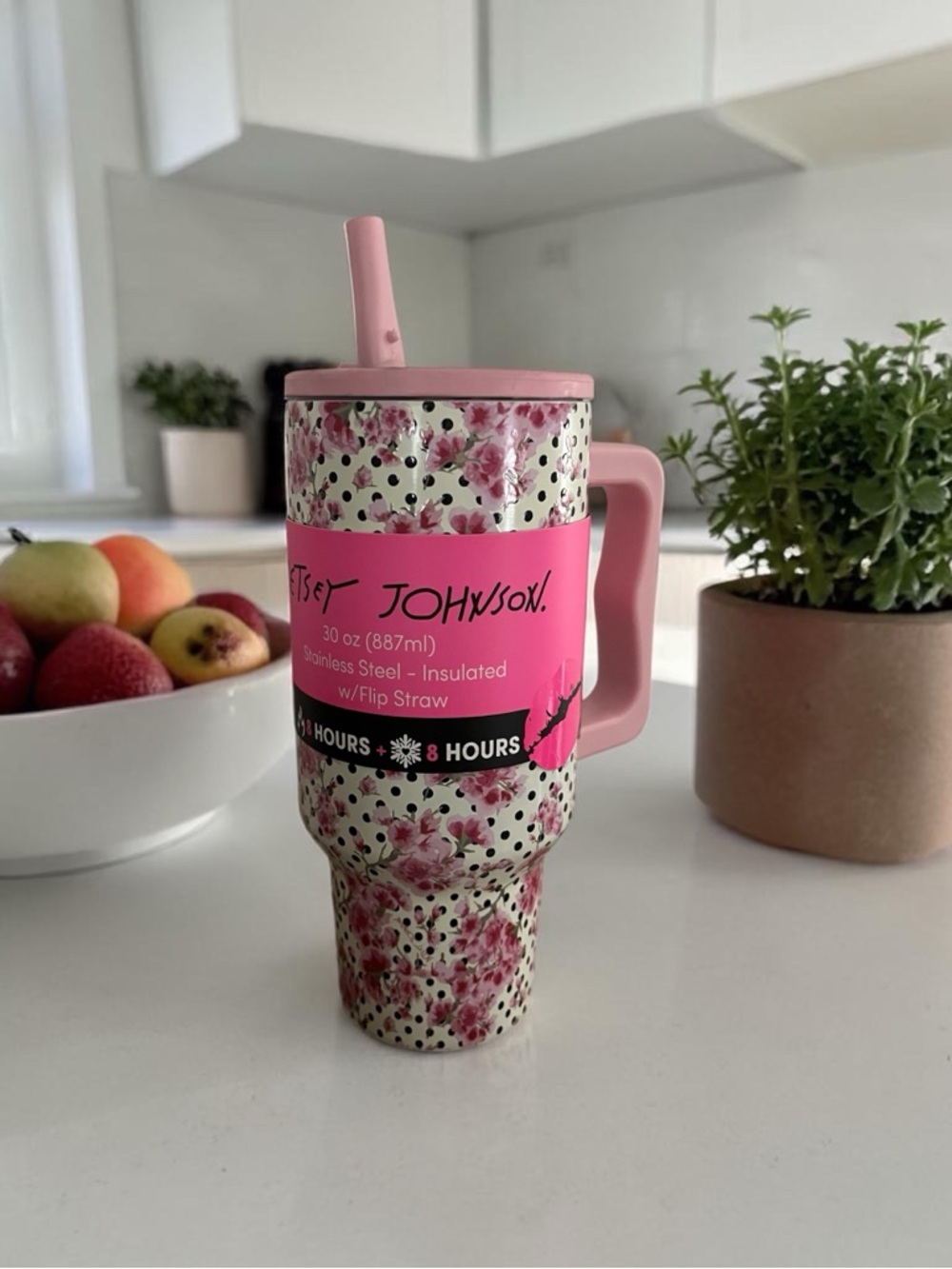 Betsey Johnson Pink Floral Polka Dot Insulated Tumbler with Handle & Flip Straw